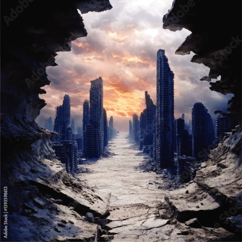 Post Apocalyptic Scene of Crumbling City Ruins at Sunset Vector Illustration Depicting Destroyed Buildings and Desolate Cracked Earth with Dramatic Sky Background