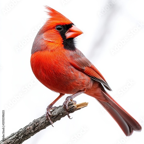 Vibrant Red Northern Cardinal Perched on Twig Against White Background