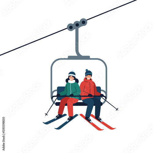 Two skiers on a chairlift in minimal flat design vector art