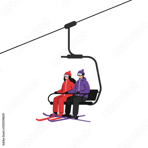 Two skiers on a chairlift enjoying a winter day in flat vector art