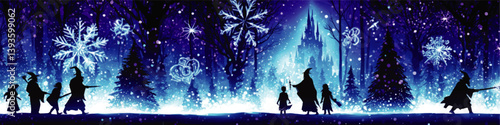 Magical Enchanted Winter Forest Scene with Silhouettes of Wizards and Children Snowflakes Mystical Fantasy Castle Background Dreamy Night Storybook Fairytale Art