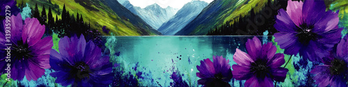 Stunning Panoramic Vector Art of Serene Turquoise Mountain Lake with Majestic Green Valleys and Vibrant Purple Wildflowers Scenic Landscape for Nature Inspired Designs