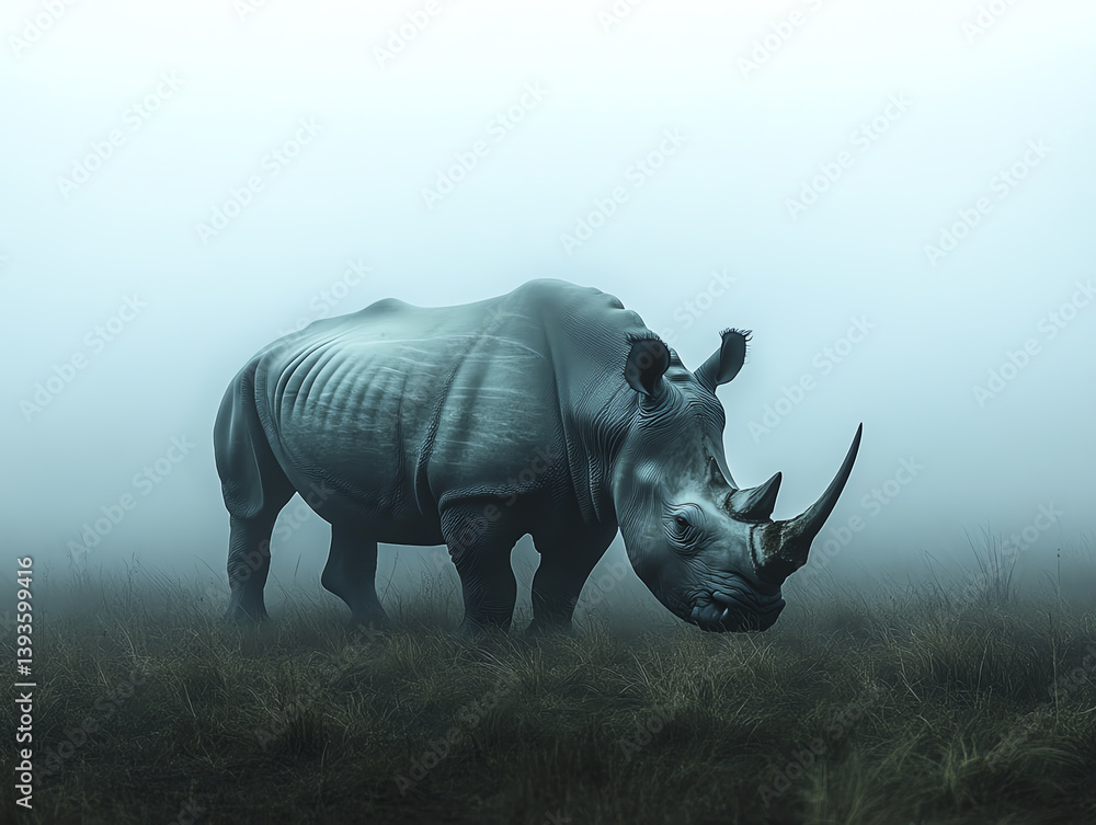 Fototapeta premium A majestic rhinoceros stands in a misty landscape, showcasing its strength and grace in a serene, mysterious environment.