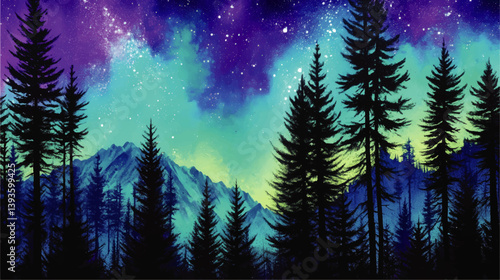 Enchanting Starry Night Sky Vector Illustration with Vibrant Aurora Lights Over Majestic Mountain Landscape and Silhouette Pine Trees for Nature Inspired Creative Designs