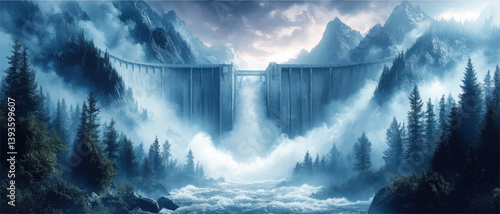 Majestic Mountain Dam with Raging River and Pine Forest Landscape Digital Illustration Showing Power of Hydroelectric Energy and Dynamic Wilderness Scenery for Backgrounds