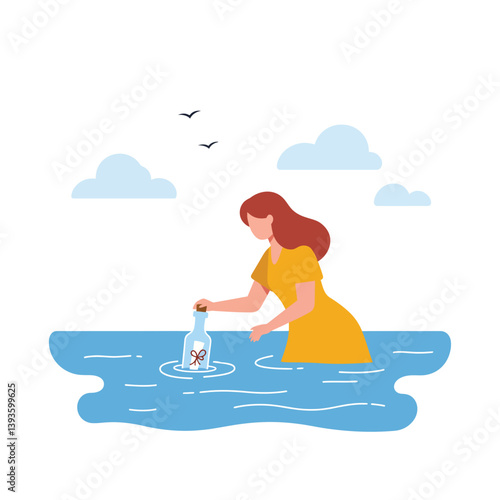 Woman retrieving message in a bottle from tranquil water in flat vector art