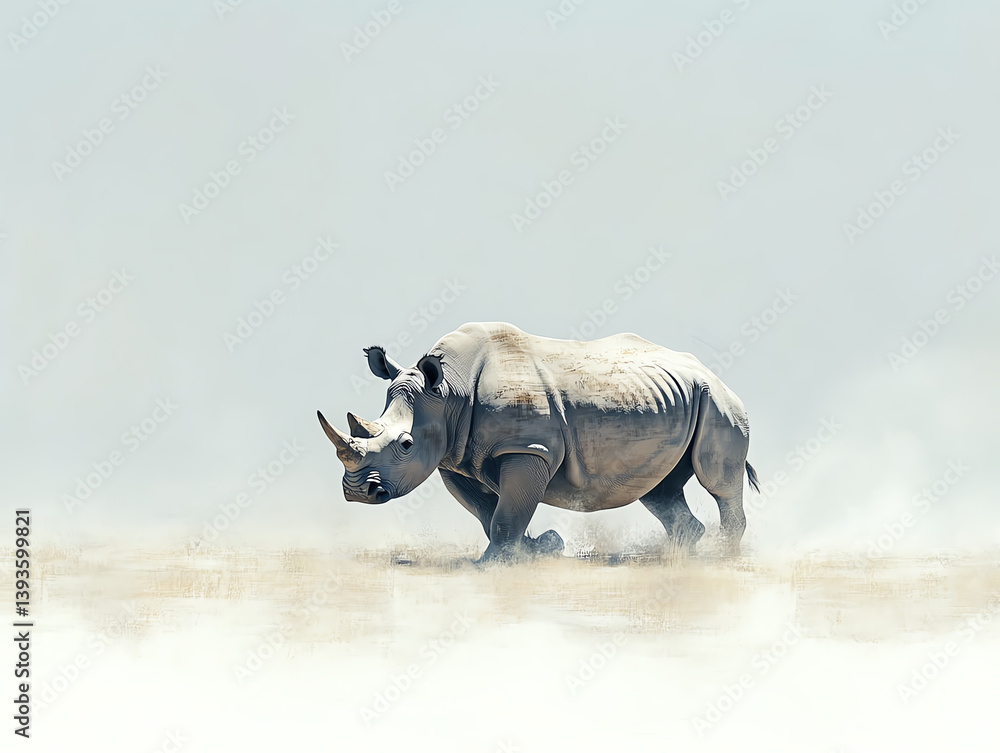 Fototapeta premium A majestic rhinoceros walks gracefully through a dusty terrain, showcasing its strength and unique features.