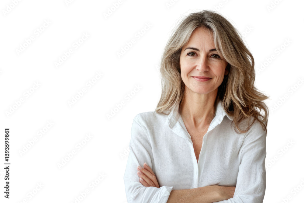 Portrait of 50 years old smiling woman looking at camera with crossed arms. Happy girl standing in creative office. Successful businesswoman standing Portrait of 50 years old smiling woman looking at camera with crossed arms. Happy girl standing in creative office. Successful businesswoman standing