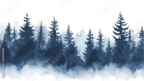 Misty Pine Forest Watercolor Illustration Isolated on Transparent Background