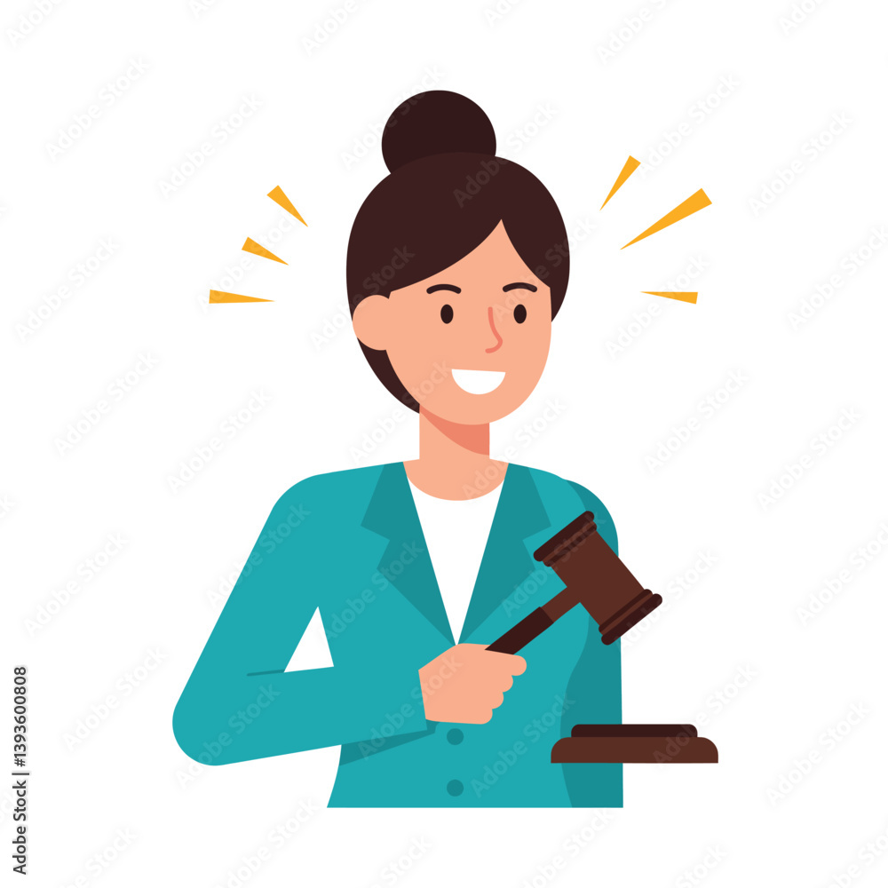 Confident woman holding gavel in flat minimal vector art style Confident woman holding gavel in flat minimal vector art style