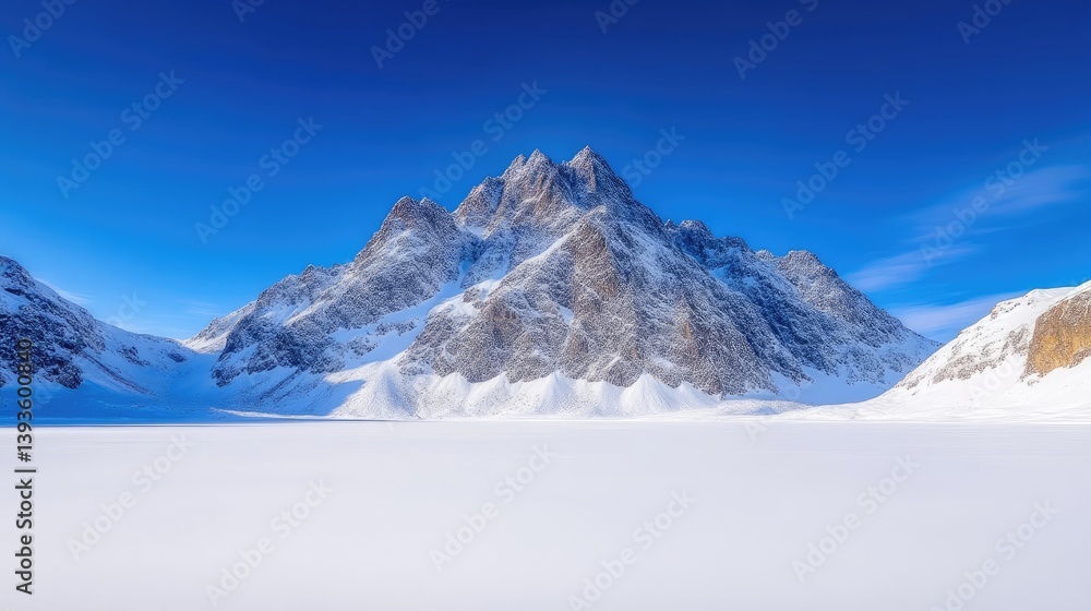 Fototapeta premium Majestic Mountain Range Snowy Peaks Dramatic Landscape High Definition Wide Angle View Imposing Summit Serene Winter Scene Vivid Blue Sky Breathtaking Calming Perfect for Nature Documentaries