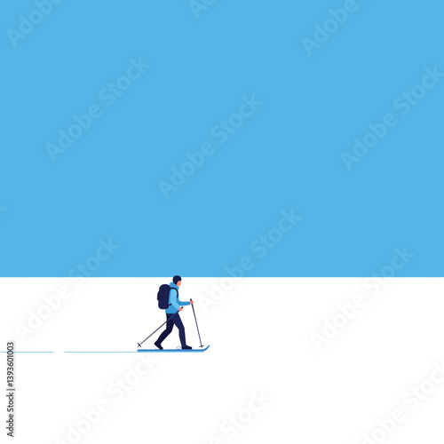 Person skiing across a snowy landscape in minimal flat vector art
