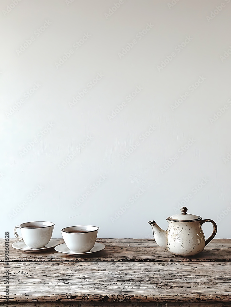 Two teacups saucers and a teapot sit on a weathered wood surface against a plain white backdrop. Two teacups saucers and a teapot sit on a weathered wood surface against a plain white backdrop.