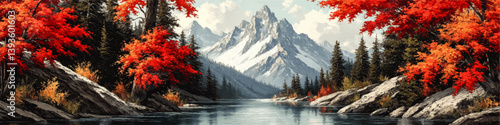 Stunning Panoramic Vector Illustration of Majestic Mountains with Snow Peaks Reflecting in Serene River Surrounded by Autumn Forest Trees and Bright Foliage Landscape