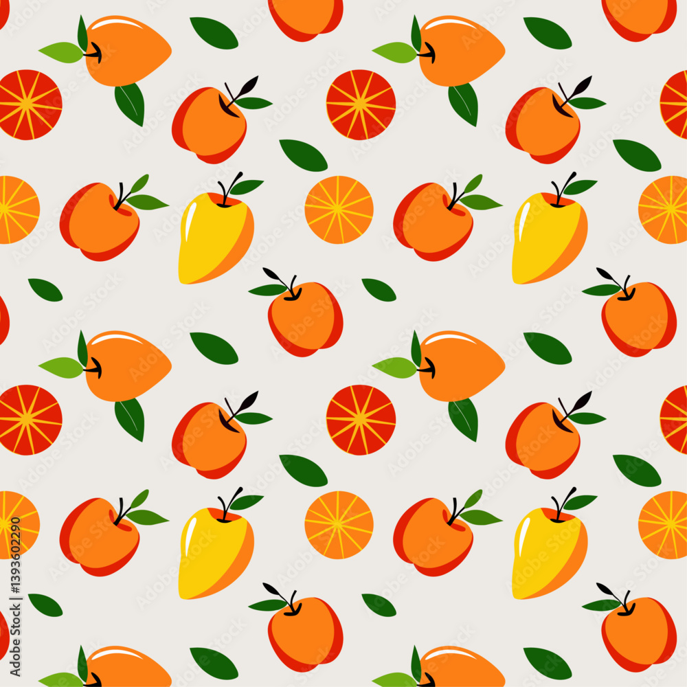 Vibrant Fruit and Botanical Leaves Seamless Pattern on Grey Backdrop Vibrant Fruit and Botanical Leaves Seamless Pattern on Grey Backdrop