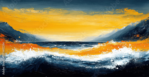 Mesmerizing Vector Art of Dramatic Ocean Sunset Waves Crashing Against Rocky Mountains with Orange and Blue Landscape Masterpiece for Abstract Nature Background Design