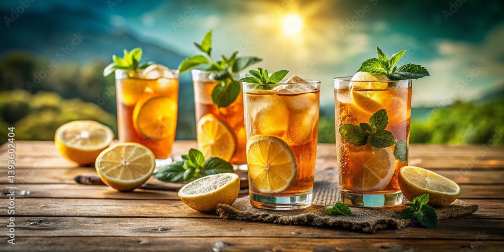 A Refreshing Panoramic View of Iced Tea Summer Delights with Lemon and Mint on Rustic Wood A Refreshing Panoramic View of Iced Tea Summer Delights with Lemon and Mint on Rustic Wood