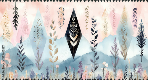 Elegant Abstract Watercolor Vector Illustration of Pastel Colored Nature Scene Featuring Botanical Elements Geometric Shapes Floral Patterns and Soft Mountain Background
