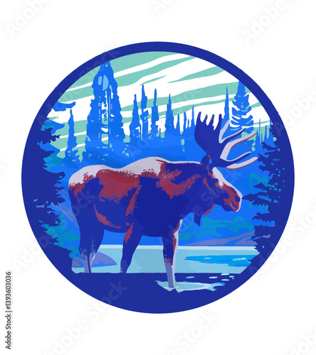 Moose in the Wilderness: Majestic moose stands proudly in the vast wilderness, captured in a round, stylized illustration with vibrant colors. A symbol of strength and resilience.