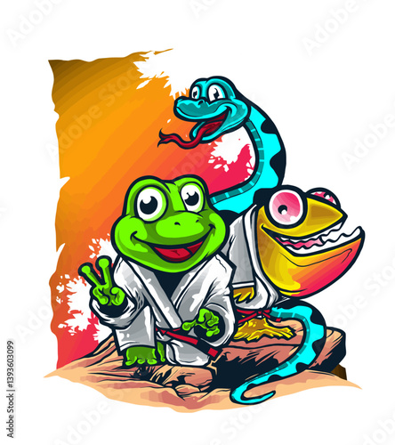 Cartoon Dojo Crew: A vibrant cartoon illustration featuring a frog, snake, and lizard, all clad in martial arts uniforms, exuding playful energy and camaraderie.