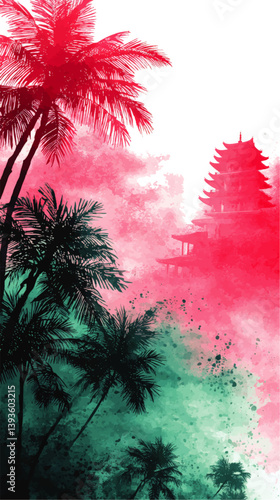 Stunning Tropical Vector Illustration Featuring Palm Trees and Asian Pagoda with Vibrant Watercolor Effect in Pink and Teal Colors Ideal for Exotic Travel Projects
