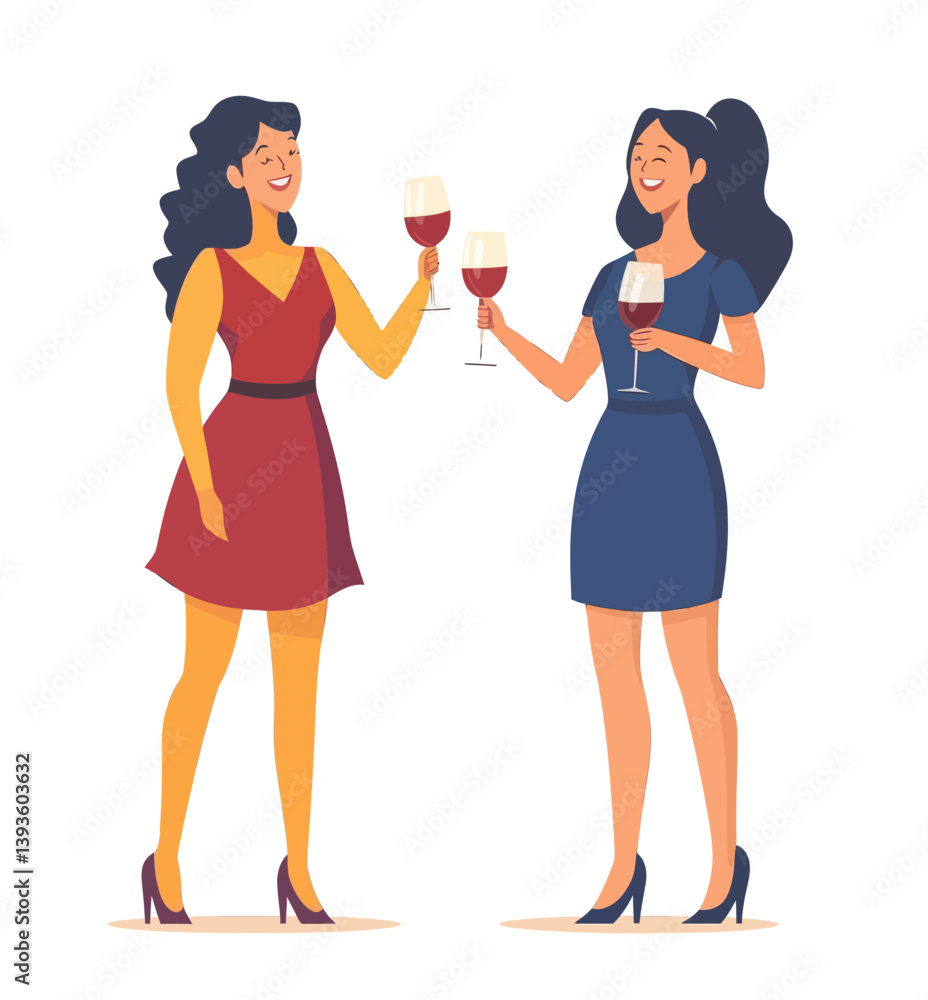 Two women are depicted celebrating with drinks in a flat style modern art piece