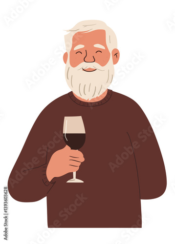 A jovial elderly gentleman is depicted holding a glass of red wine in a modern flat art style