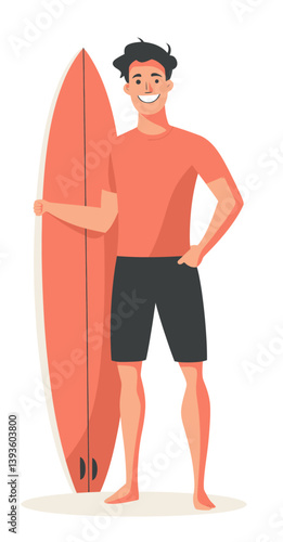 Modern art depicts a smiling man grasping an orange surfboard in a flat style