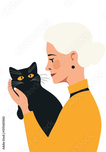 An elderly woman is depicted holding a black cat in a modern flat art style