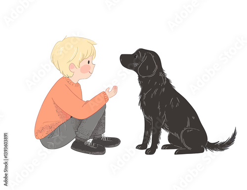 A young boy is happily playing with a black dog in a flat modern art style