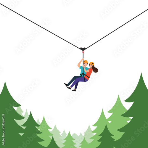 Two adventurers zip-lining through lush green trees in flat vector art