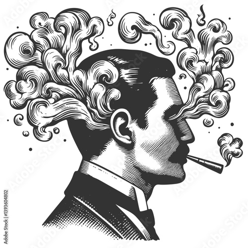 man with smoke emerging from his head, symbolizing thoughts and imagination sketch engraving generative ai fictional character vector illustration. Scratch board imitation. Black and white image.