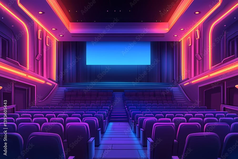 Modern Theater Auditorium with Neon Lights and Vibrant Colors: The Ultimate Cinematic and Entertainment Venue Modern Theater Auditorium with Neon Lights and Vibrant Colors: The Ultimate Cinematic and Entertainment Venue