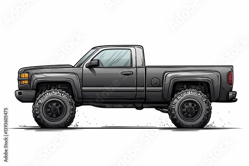 Off-Road Adventure: Black Pickup Truck Illustration with Lifted Design and Rugged Tires - Perfect for Automotive Enthusiasts and Outdoor Exploration