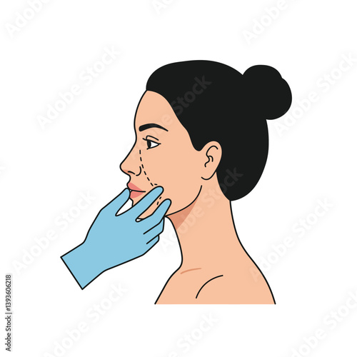 Female face examination with gloved hand in minimal flat vector art