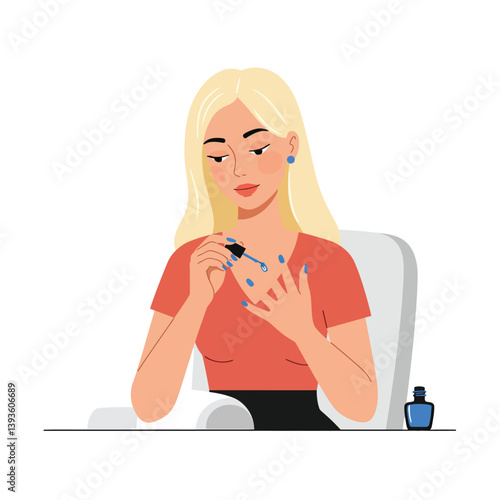 Woman applying blue nail polish in detailed flat vector illustration