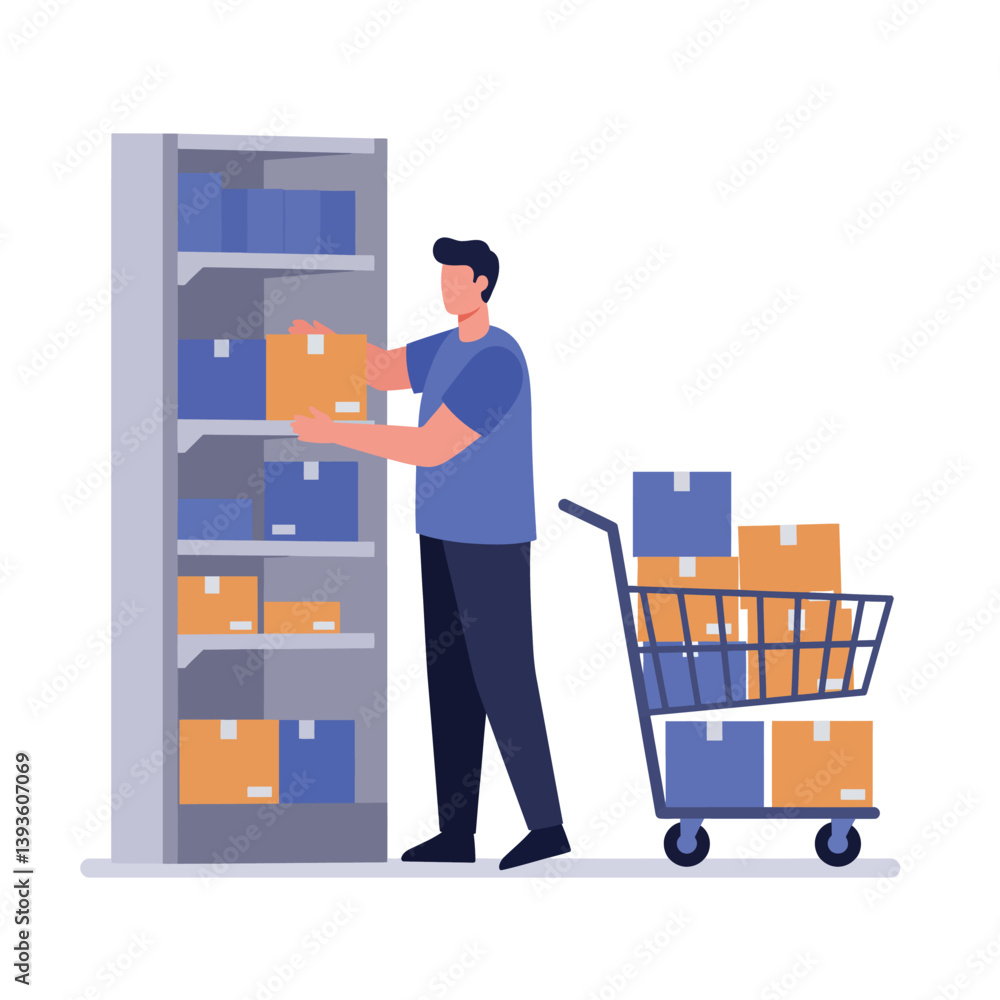 Man placing boxes on a shelf in a minimal flat vector illustration Man placing boxes on a shelf in a minimal flat vector illustration
