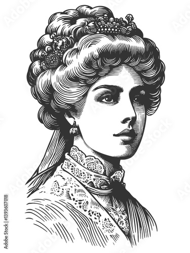 Austrian woman wearing regal lace and a jeweled crown, styled in historical aristocratic fashion sketch engraving generative ai vector illustration. Scratch board imitation. Black and white image.