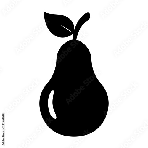 Black and white silhouette of a pear with a leaf, simple fruit icon graphic design element