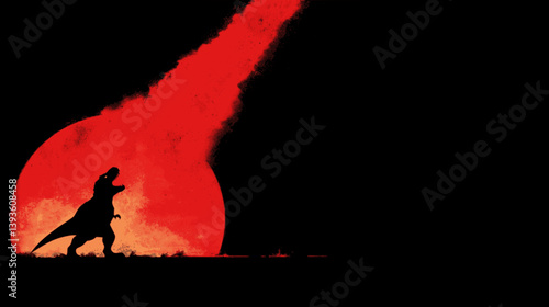 T-Rex silhouette facing extinction as red-orange meteor streaks across stark black sky

