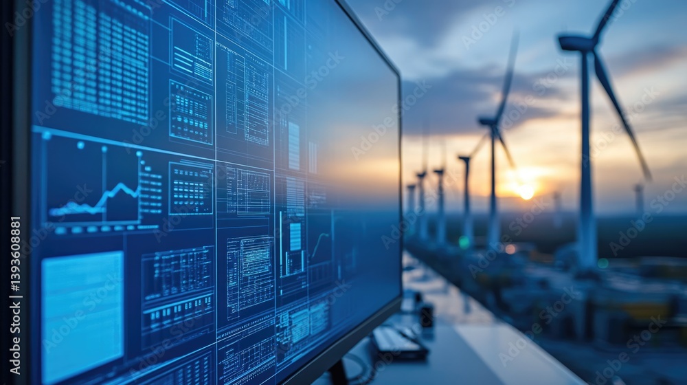 Wind turbines farm with Scada system on computer screen at operations controller room for operator engineer teamwork at power plant