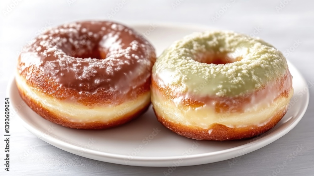 Two glazed donuts, one with a light brown glaze and the other with a light green, sit on a white plate Two glazed donuts, one with a light brown glaze and the other with a light green, sit on a white plate