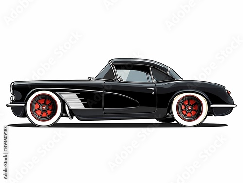 Vintage Automobile: Elegant Black Sports Car Illustration for Car Enthusiasts - Classic Vehicle Side View with Nostalgic Design and Retro Vintage Racing Style