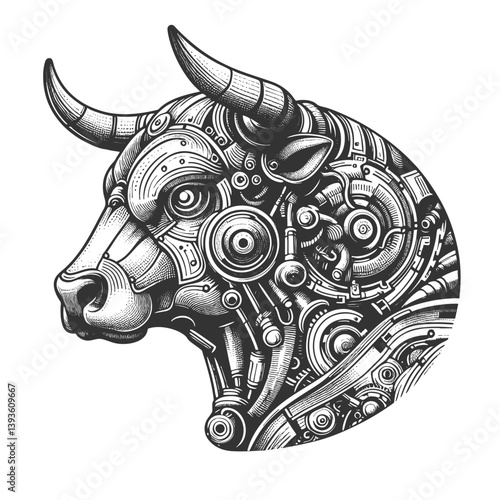 cybernetic bull with mechanical components, gears, and futuristic robotic details in steampunk style sketch engraving generative ai vector illustration. Scratch board imitation. Black and white image.
