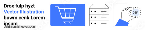Shopping cart icon, stacked servers, hand holding DEFI token representing online retail, data hosting, decentralized finance. Ideal for e-commerce, blockchain, cloud computing, fintech data