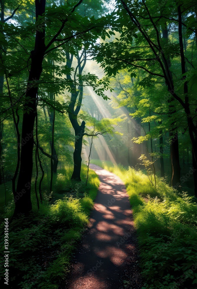 Fototapeta premium Misty forest path winds through dense, verdant foliage, sunlight dappling the ground, overgrown, wilderness, forest path