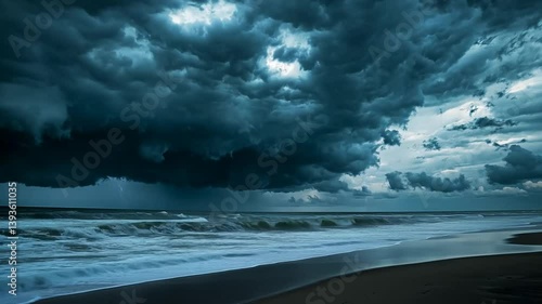 Dramatic storm clouds over the ocean with lightning strike on the horizon video clip