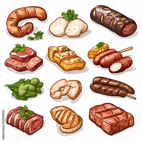Colorful Meat Platter: Gourmet Sausages, Steaks, and Fresh Ingredients for Delicious Southern Cuisine
