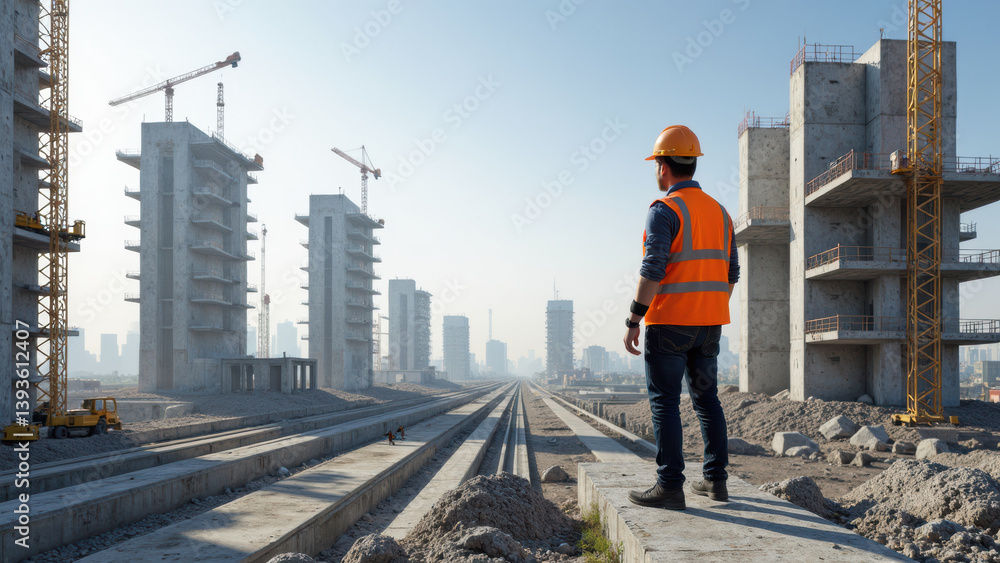 construction worker safety vest and helmet observes building site with cranes and unfinished structures, feeling determined construction worker safety vest and helmet observes building site with cranes and unfinished structures, feeling determined