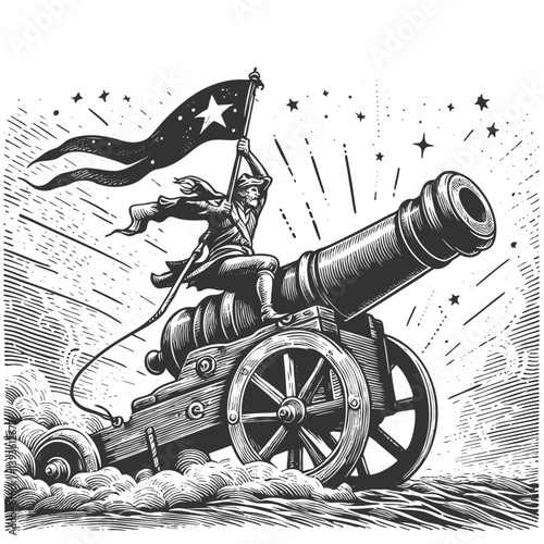 muscular warrior with flowing hair and a cape, dramatically riding a massive cannon, symbolizing power and heroism sketch engraving generative ai vector illustration. Scratch board. Black and white.